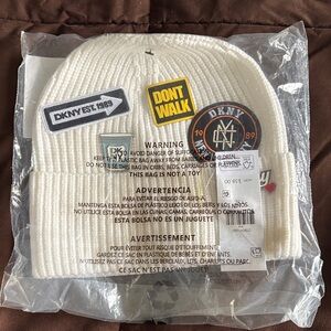 DKNY Cream Beanie with Bold Patches